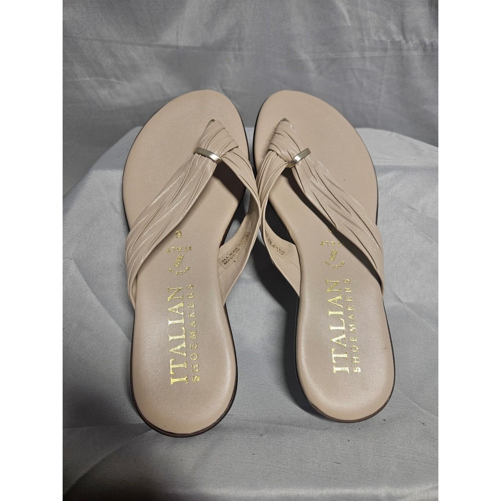 Italian Shoemakers Womens Beige Ruched Thong Wedge Sandals Made in Italy Size 6 - Picture 5 of 8